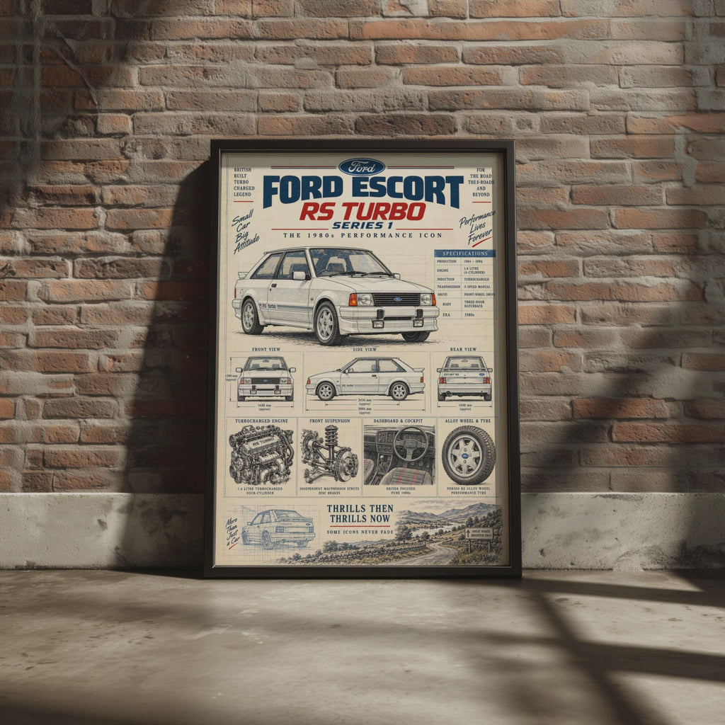 Ford Escort RS Turbo Series 1 Poster, 1980s Classic Car Print, Blueprint Wall Art, British Retro Car Gift