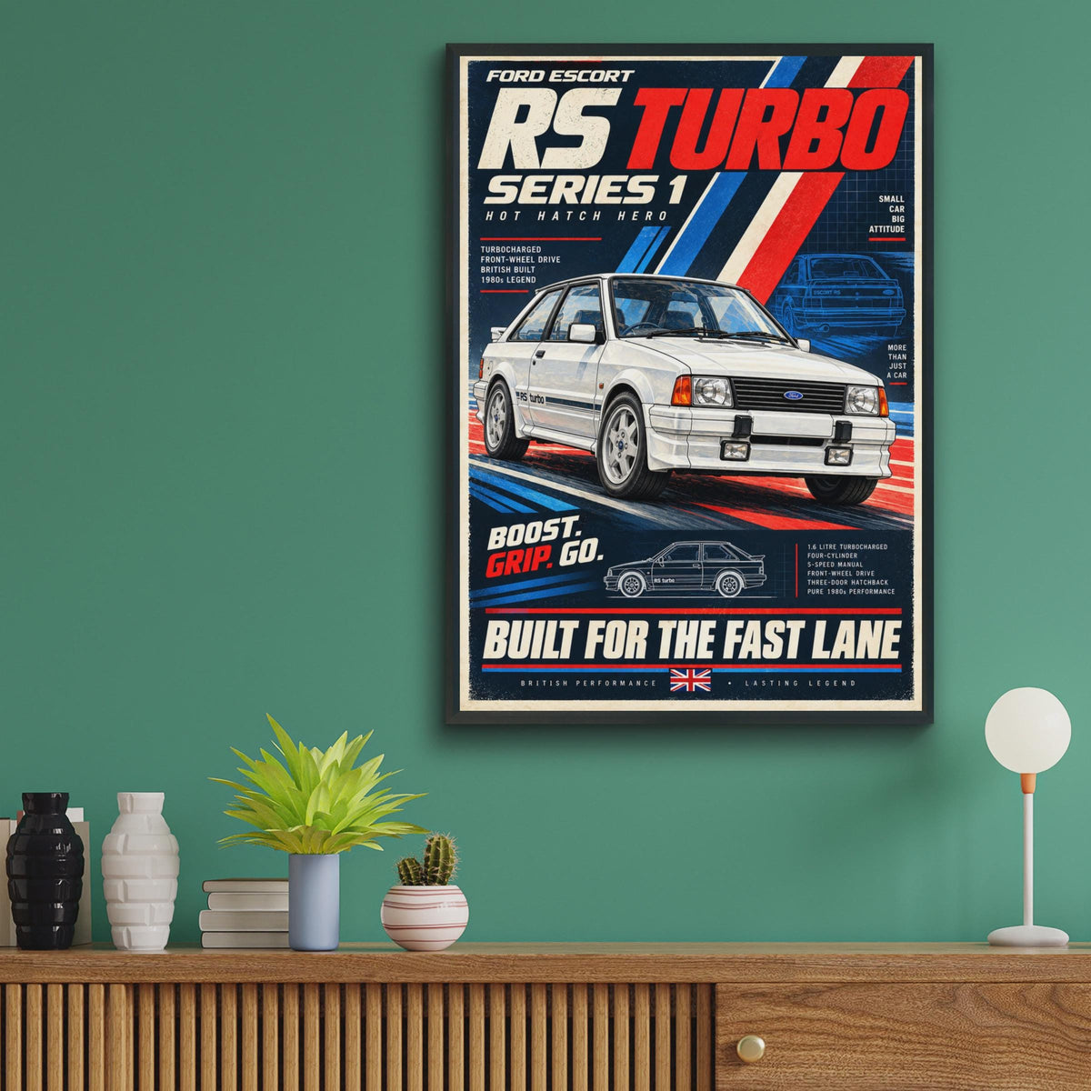 Ford Escort RS Turbo Series 1 Poster, Hot Hatch Wall Art, 1980s Classic Car Print, British Retro Motorsport Decor, Fast Lane