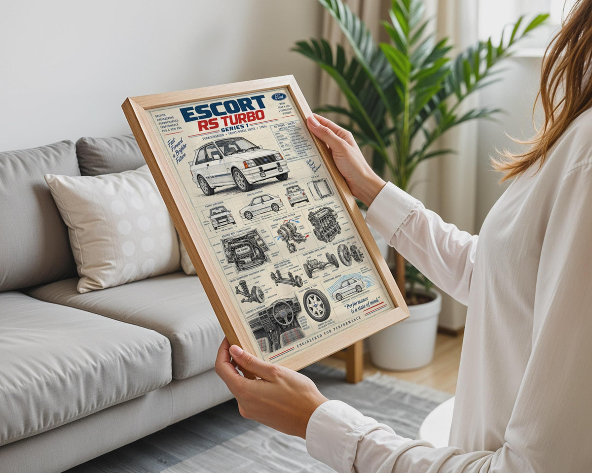 Ford Escort RS Turbo Series 1 Engineering Poster, 1980s Classic Car Wall Art, Blueprint Technical Print, Car Enthusiast Gift
