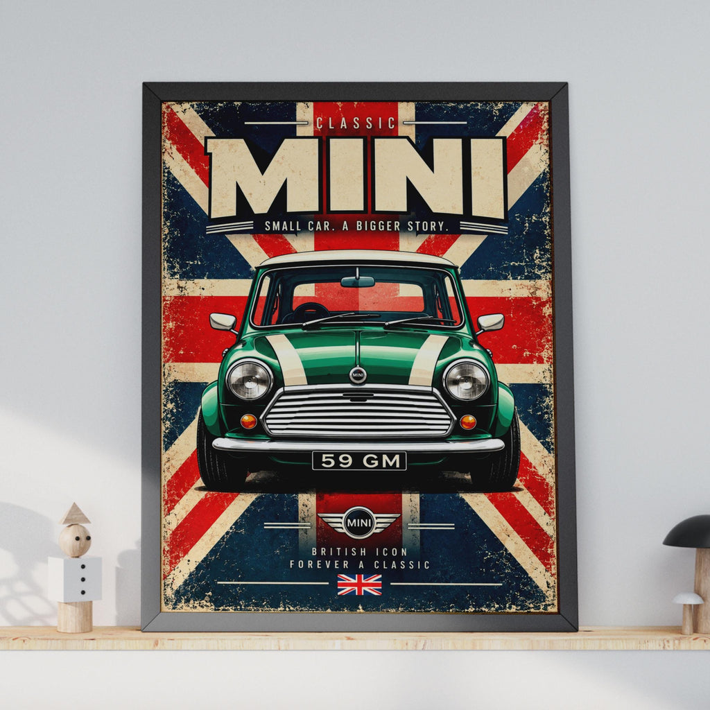 Classic Mini Cooper Retro Poster, British Racing Green, Union Jack Wall Art (A4)
