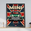 Classic Mini Cooper Retro Poster, British Racing Green, Union Jack Wall Art (A4)