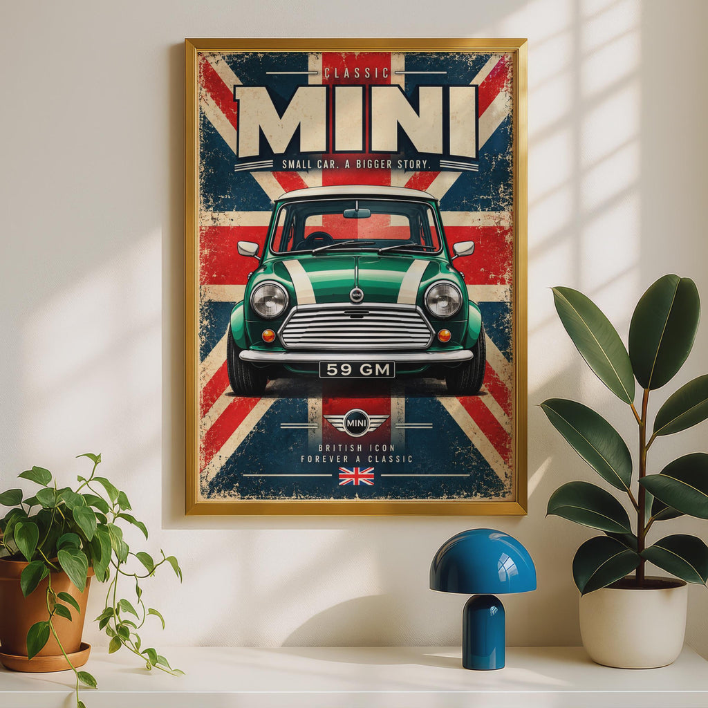 Classic Mini Cooper Retro Poster, British Racing Green, Union Jack Wall Art (A4)