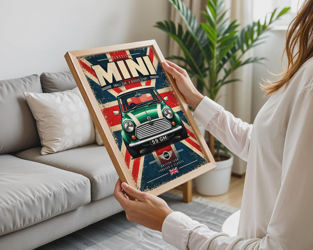 Classic Mini Cooper Retro Poster, British Racing Green, Union Jack Wall Art (A4)
