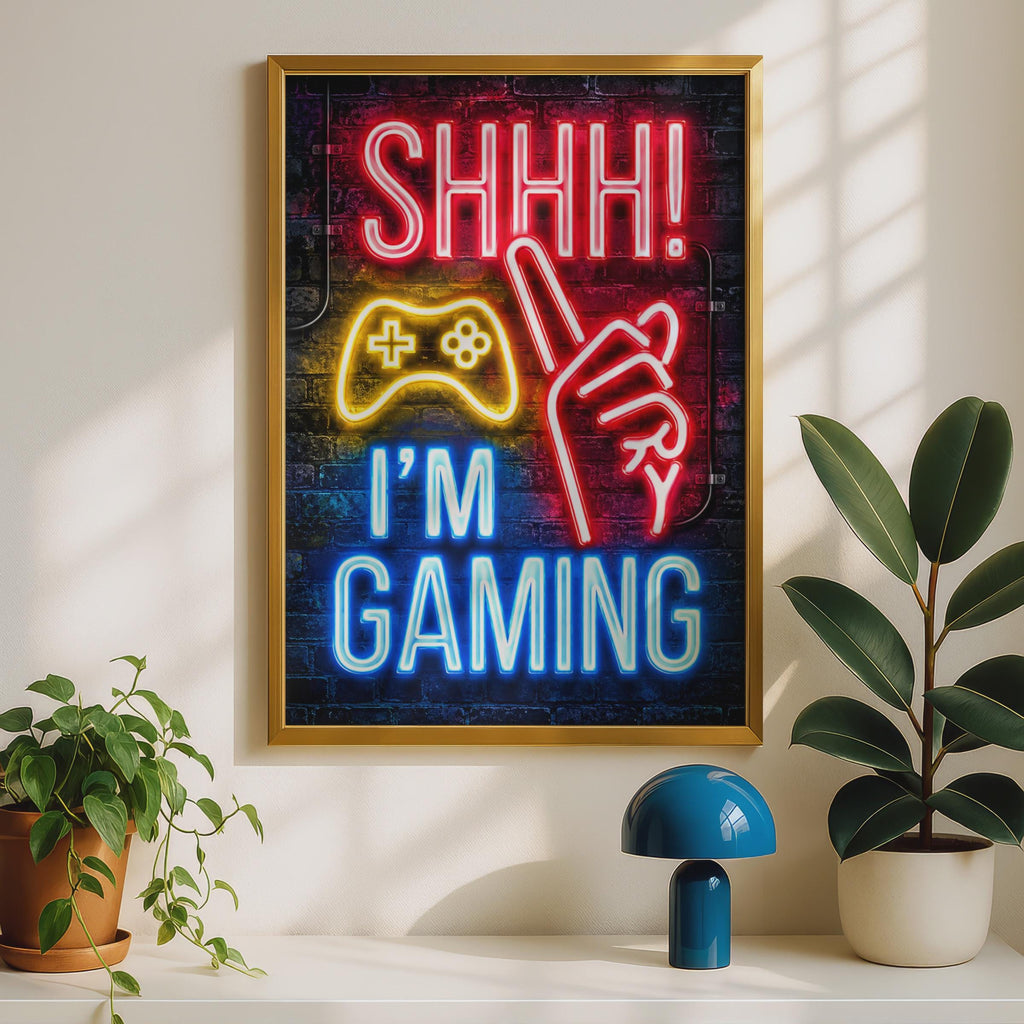 Neon Gaming Poster, Shhh I'm Gaming, Arcade Wall Art (Print)