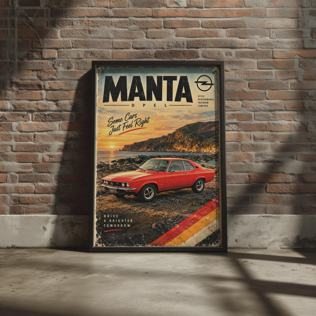 Opel Manta Retro Poster, 70s German Car Print, Coastal Sunset Wall Art (A4)