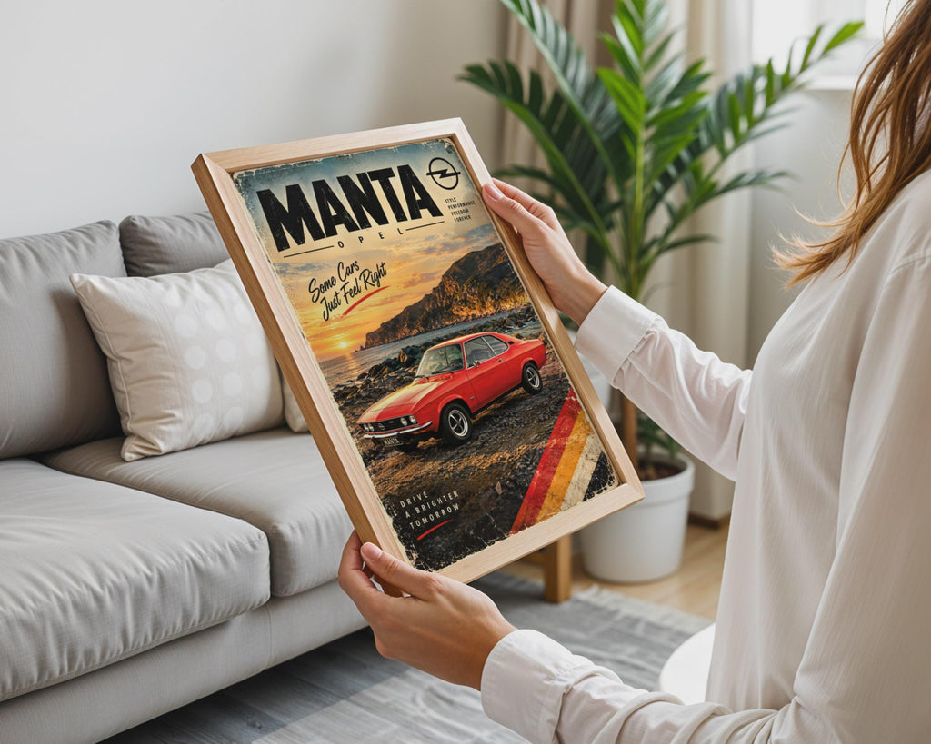Opel Manta Retro Poster, 70s German Car Print, Coastal Sunset Wall Art (A4)