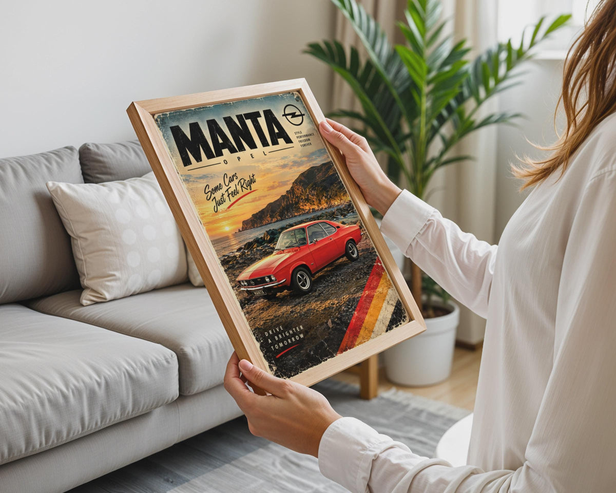 Opel Manta Retro Poster, 70s German Car Print, Coastal Sunset Wall Art (A4)