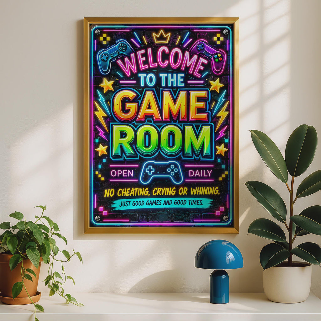 Neon Game Room Poster, Gamer Wall Art, Boys Bedroom Decor (Print)