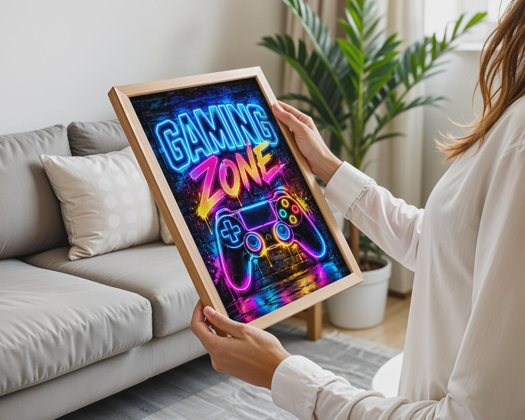 Neon Gaming Zone Poster, Graffiti Style Controller Wall Art (Printed Poster)