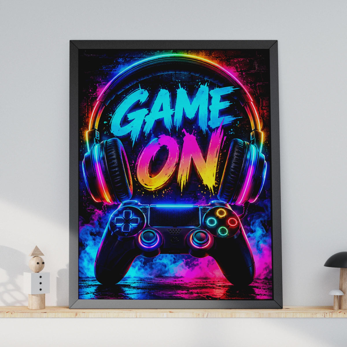Neon Graffiti Gaming Poster, RGB Controller Headphones Wall Art (A4)