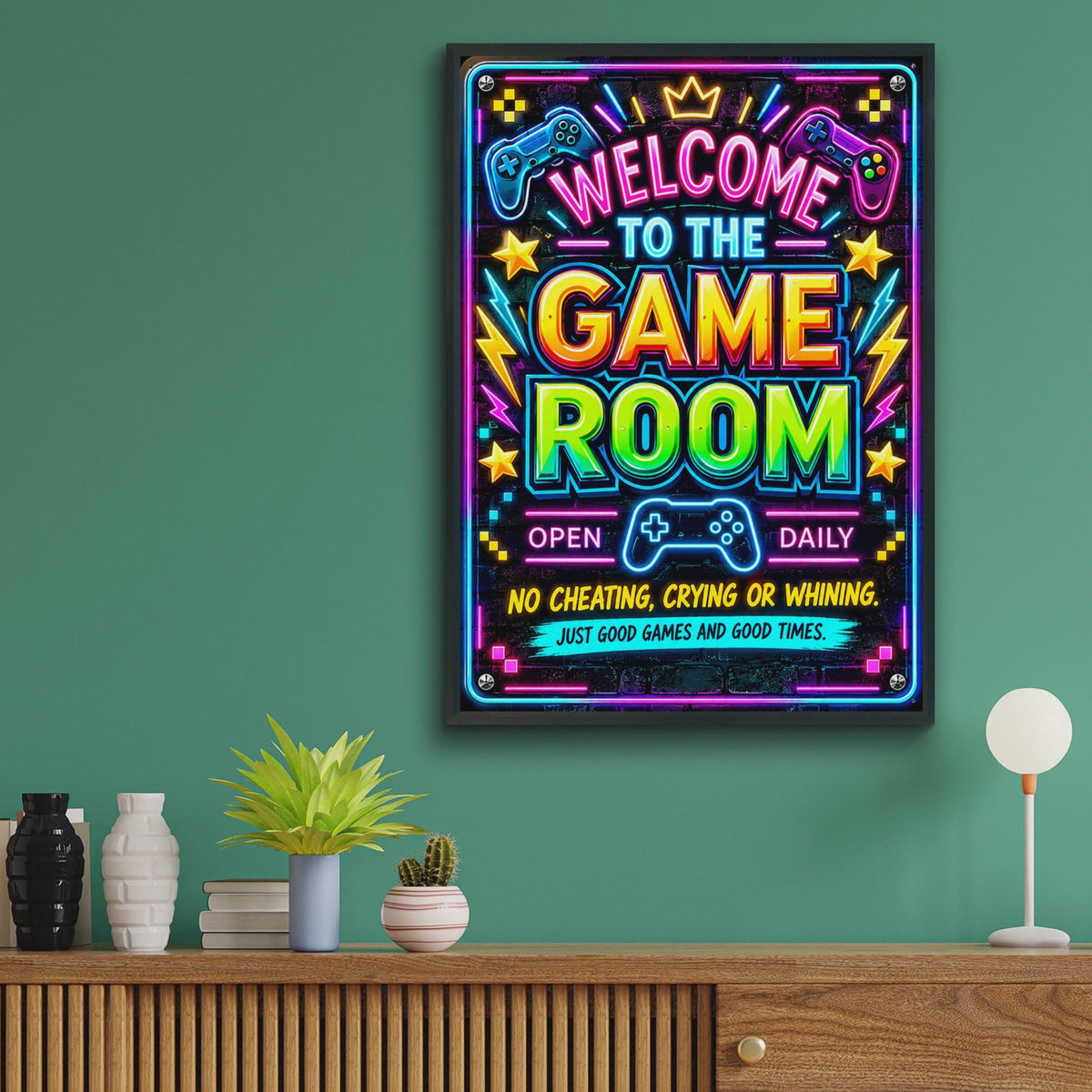 Neon Game Room Poster, Gamer Wall Art, Boys Bedroom Decor (Print)