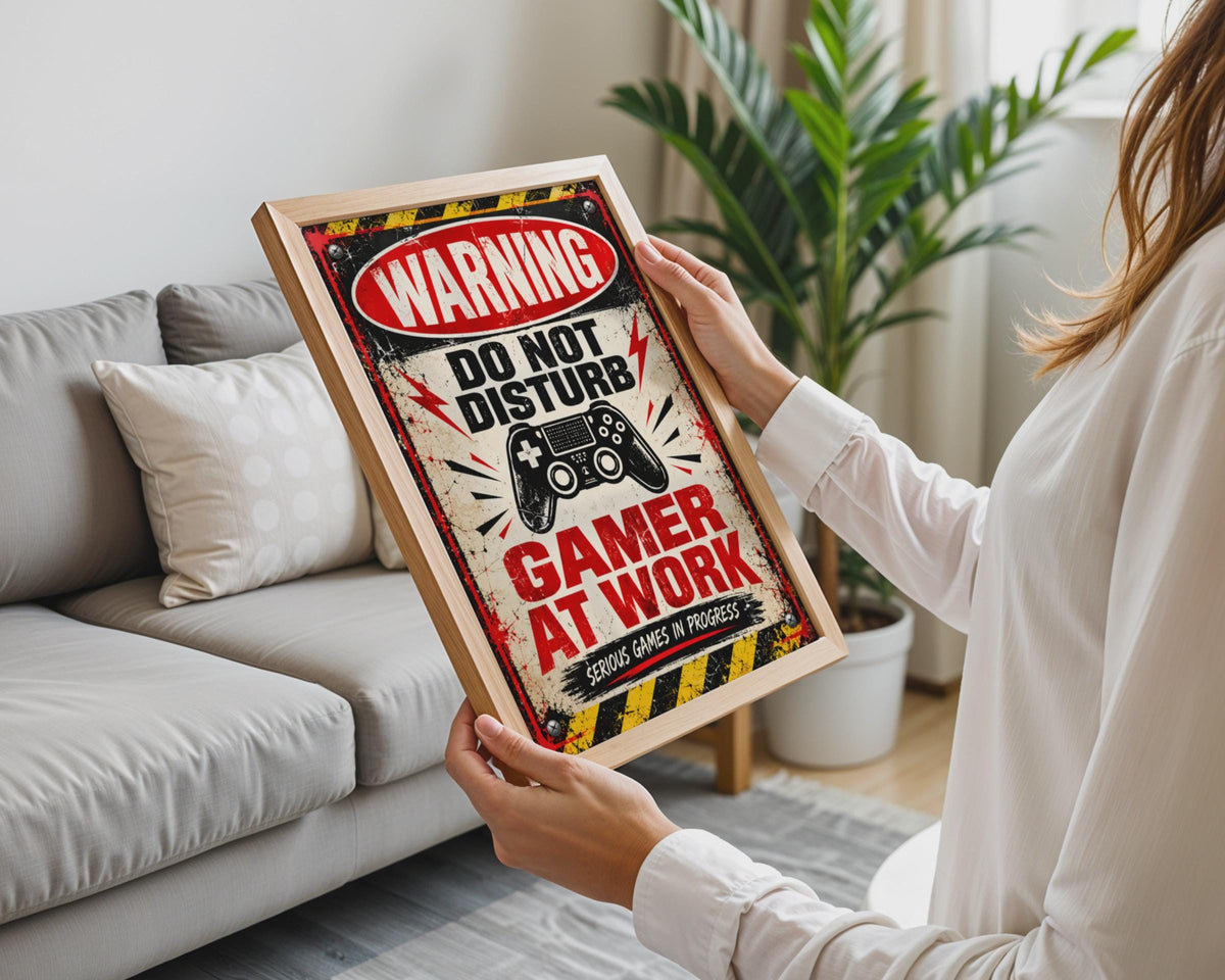 Retro Gamer Warning Sign Poster, Do Not Disturb Gaming Print, Boys Bedroom Wall Art
