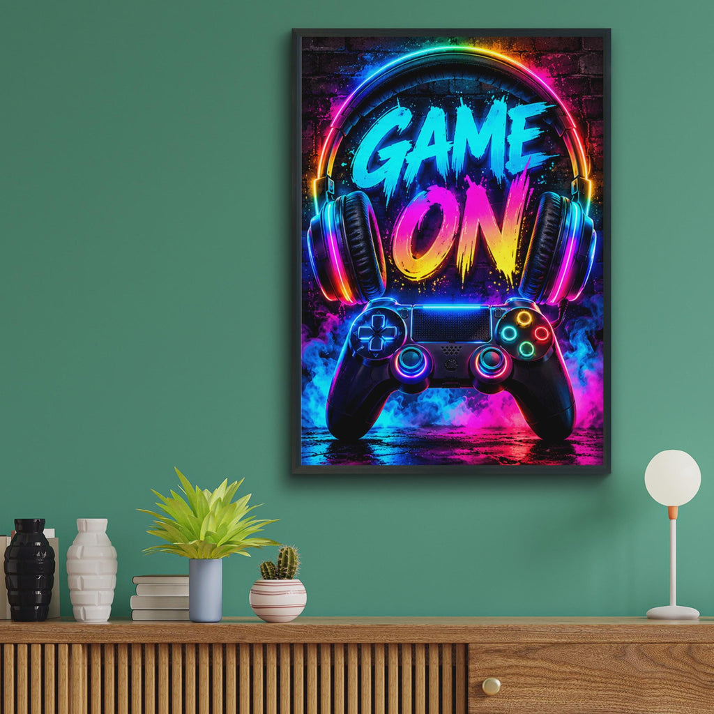 Neon Graffiti Gaming Poster, RGB Controller Headphones Wall Art (A4)