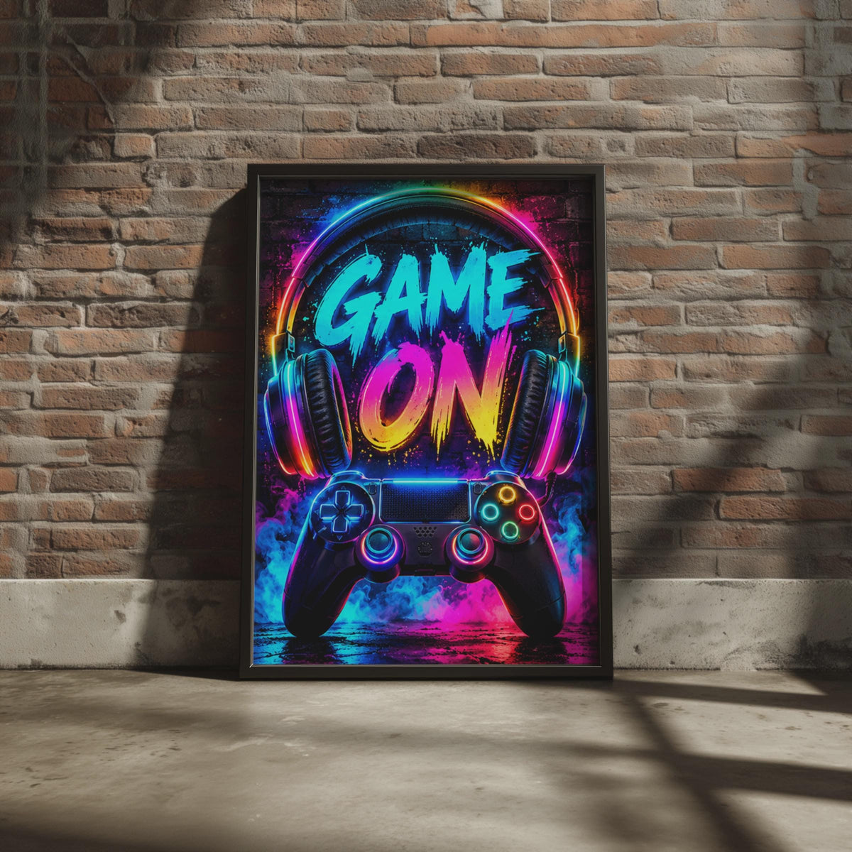Neon Graffiti Gaming Poster, RGB Controller Headphones Wall Art (A4)