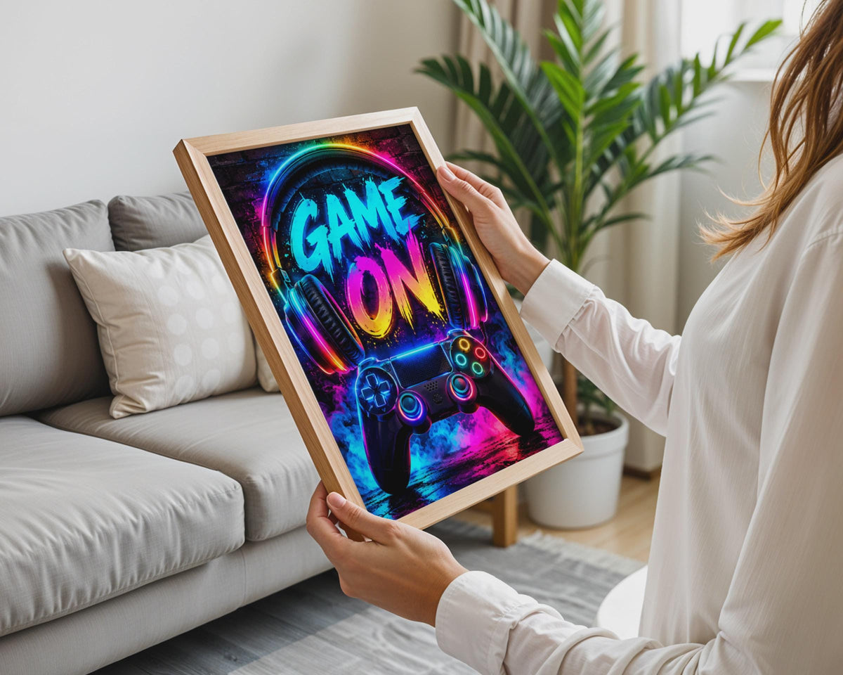 Neon Graffiti Gaming Poster, RGB Controller Headphones Wall Art (A4)