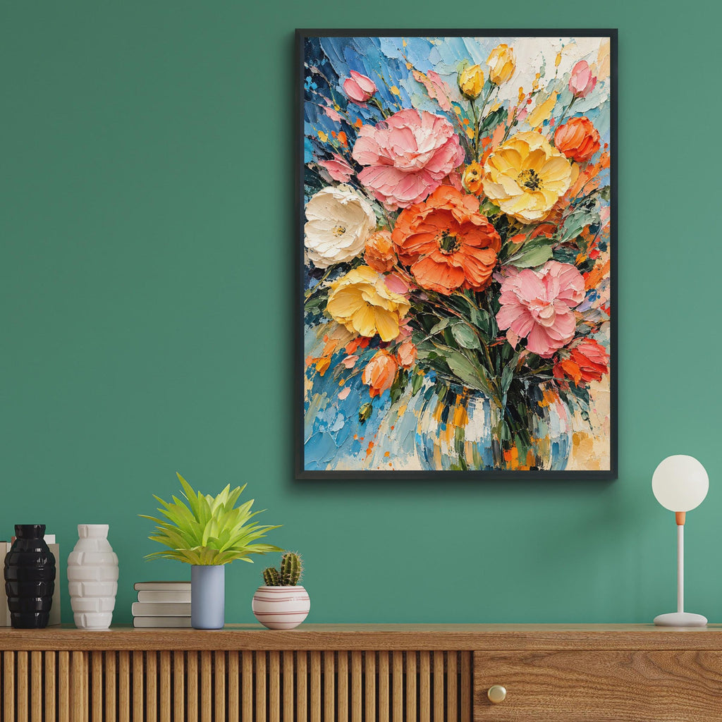 Impasto Floral Bouquet Poster, Bold Pink Orange Yellow Flowers, Textured Painting Style (A4)