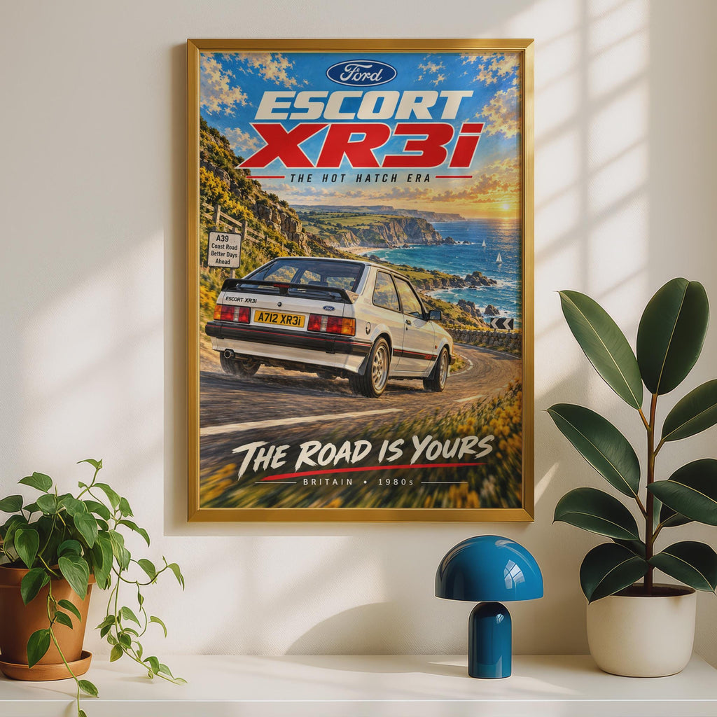 Ford Escort XR3i Poster, Hot Hatch Wall Art, 1980s Classic Car Print, British Coastal Road, Retro Car Gift for Him, A4 Car Enthusiast