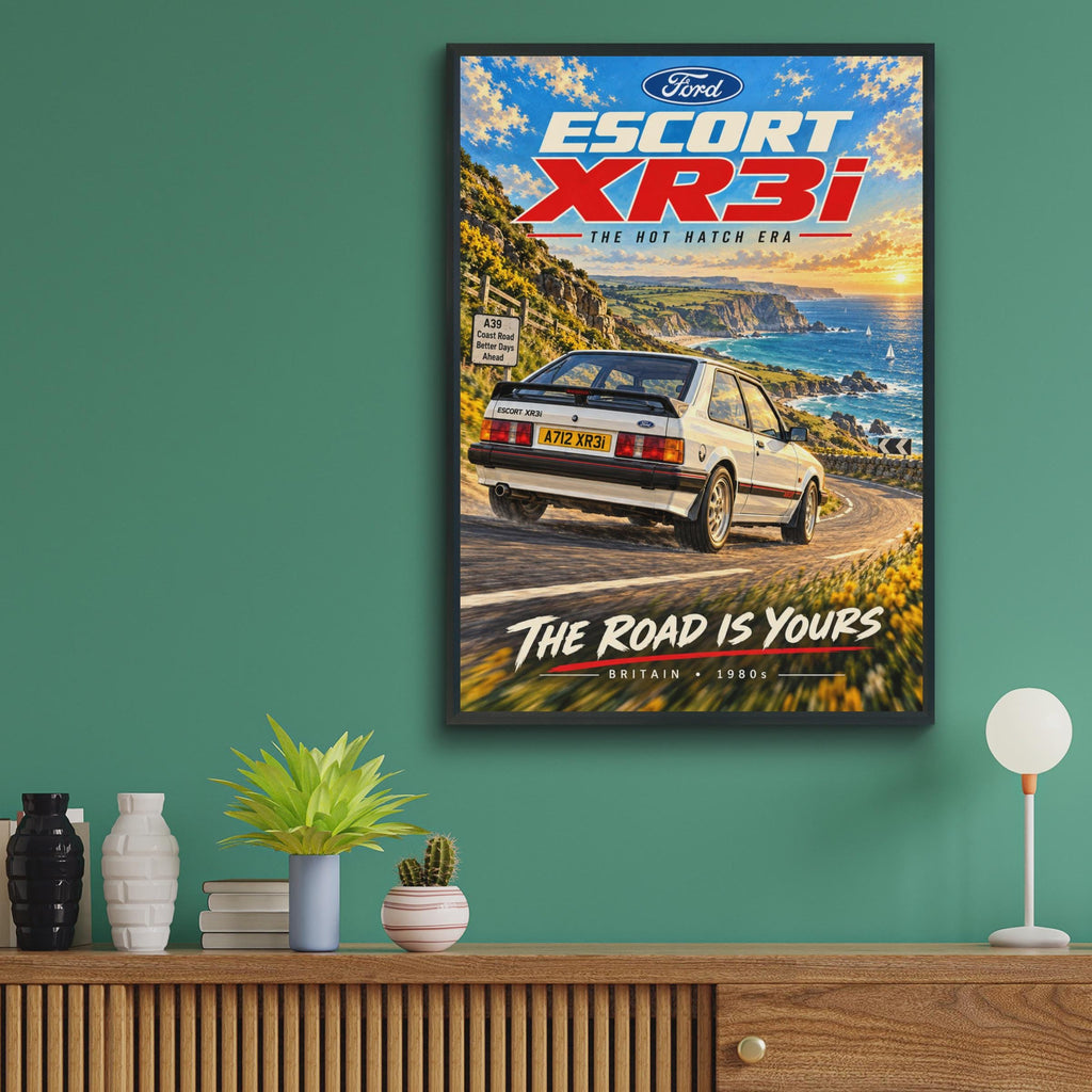 Ford Escort XR3i Poster, Hot Hatch Wall Art, 1980s Classic Car Print, British Coastal Road, Retro Car Gift for Him, A4 Car Enthusiast