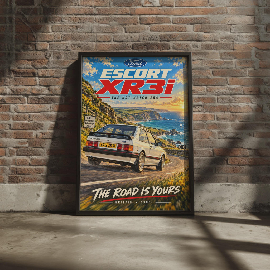 Ford Escort XR3i Poster, Hot Hatch Wall Art, 1980s Classic Car Print, British Coastal Road, Retro Car Gift for Him, A4 Car Enthusiast
