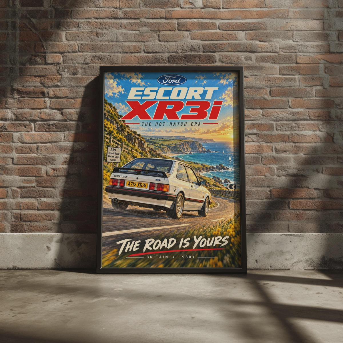 Ford Escort XR3i Poster, Hot Hatch Wall Art, 1980s Classic Car Print, British Coastal Road, Retro Car Gift for Him, A4 Car Enthusiast