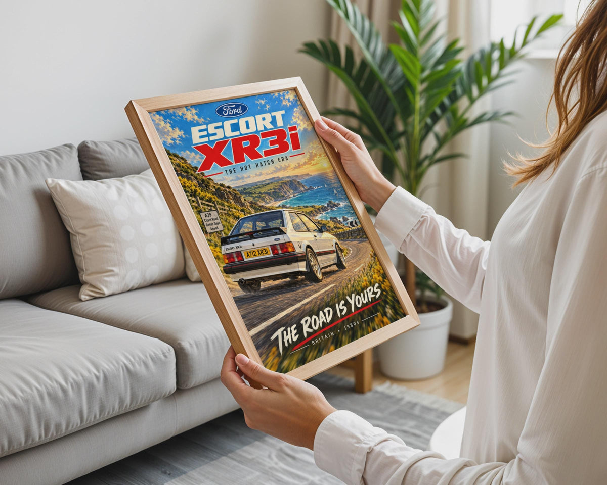 Ford Escort XR3i Poster, Hot Hatch Wall Art, 1980s Classic Car Print, British Coastal Road, Retro Car Gift for Him, A4 Car Enthusiast