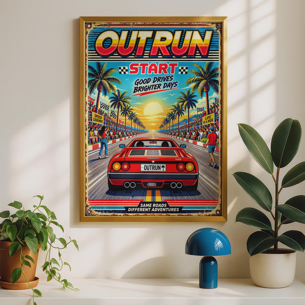 Outrun Retro Racing Poster, 80s Arcade Car Wall Art, Red Supercar Print, Palm Tree Sunset (Digital Download)