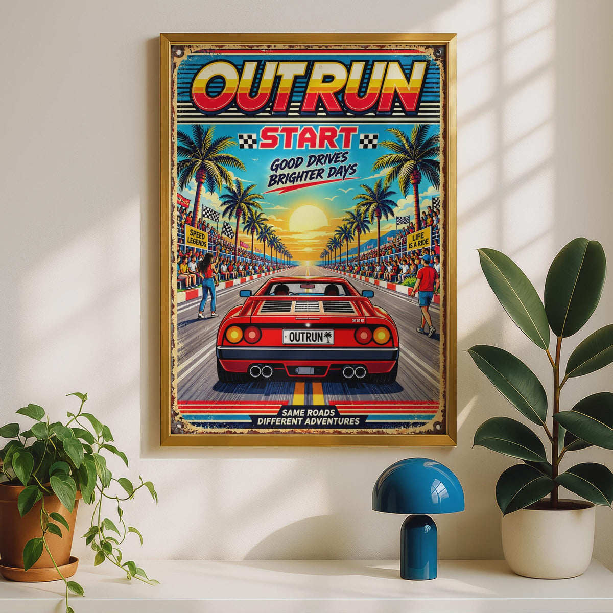 Outrun Retro Racing Poster, 80s Arcade Car Wall Art, Red Supercar Print, Palm Tree Sunset (Digital Download)