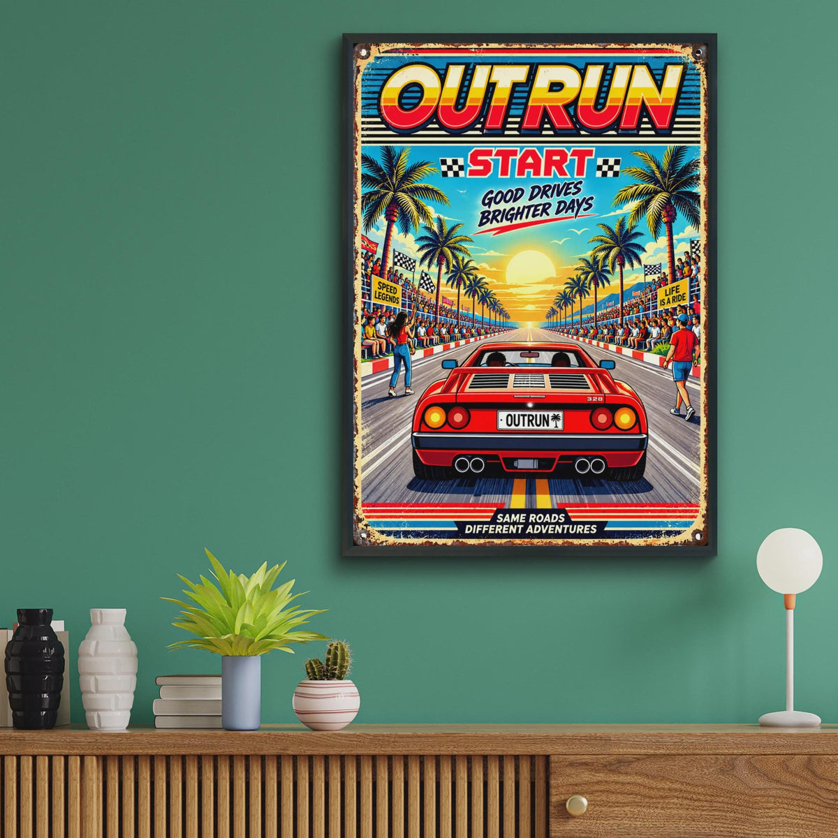 Outrun Retro Racing Poster, 80s Arcade Car Wall Art, Red Supercar Print, Palm Tree Sunset (Digital Download)