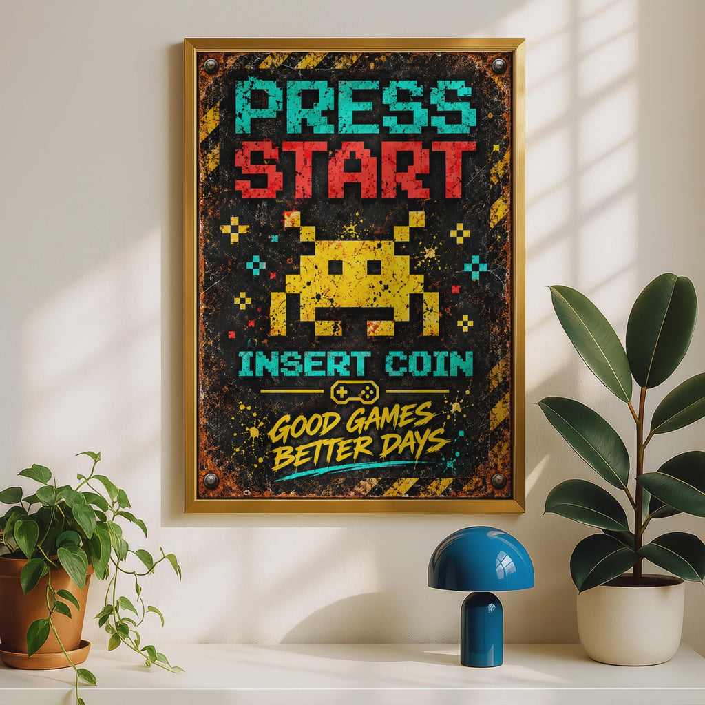Retro Gaming Poster, Pixel Art Space Invader, Arcade Wall Art (Physical Print)