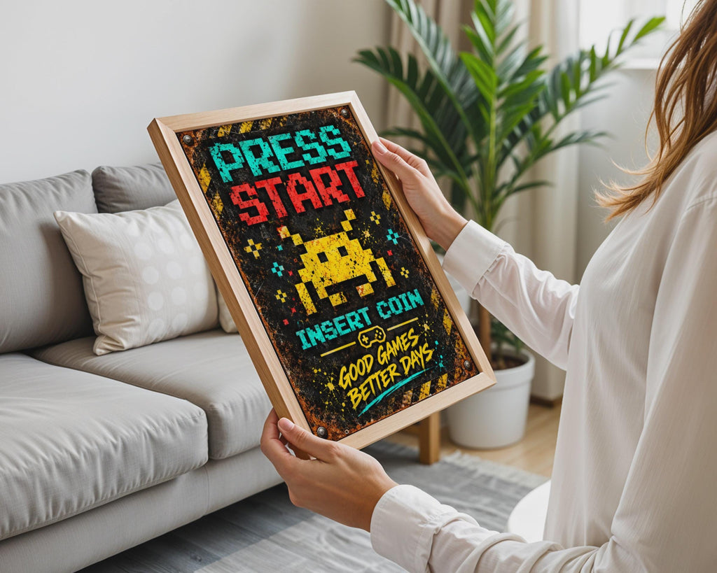 Retro Gaming Poster, Pixel Art Space Invader, Arcade Wall Art (Physical Print)