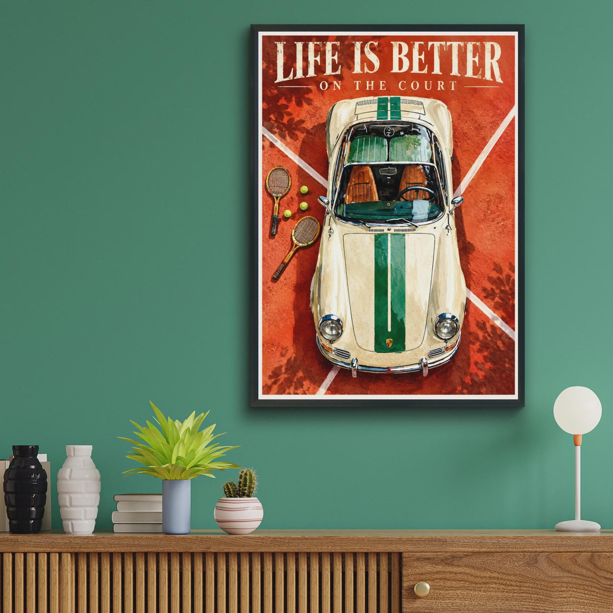 Vintage Tennis Car Poster, Clay Court Sports Art Print (Digital Download)