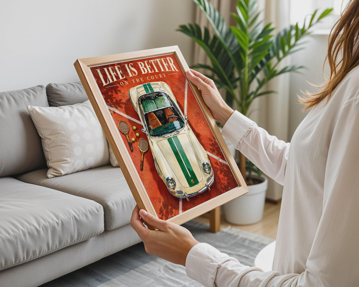 Vintage Tennis Car Poster, Clay Court Sports Art Print (Digital Download)