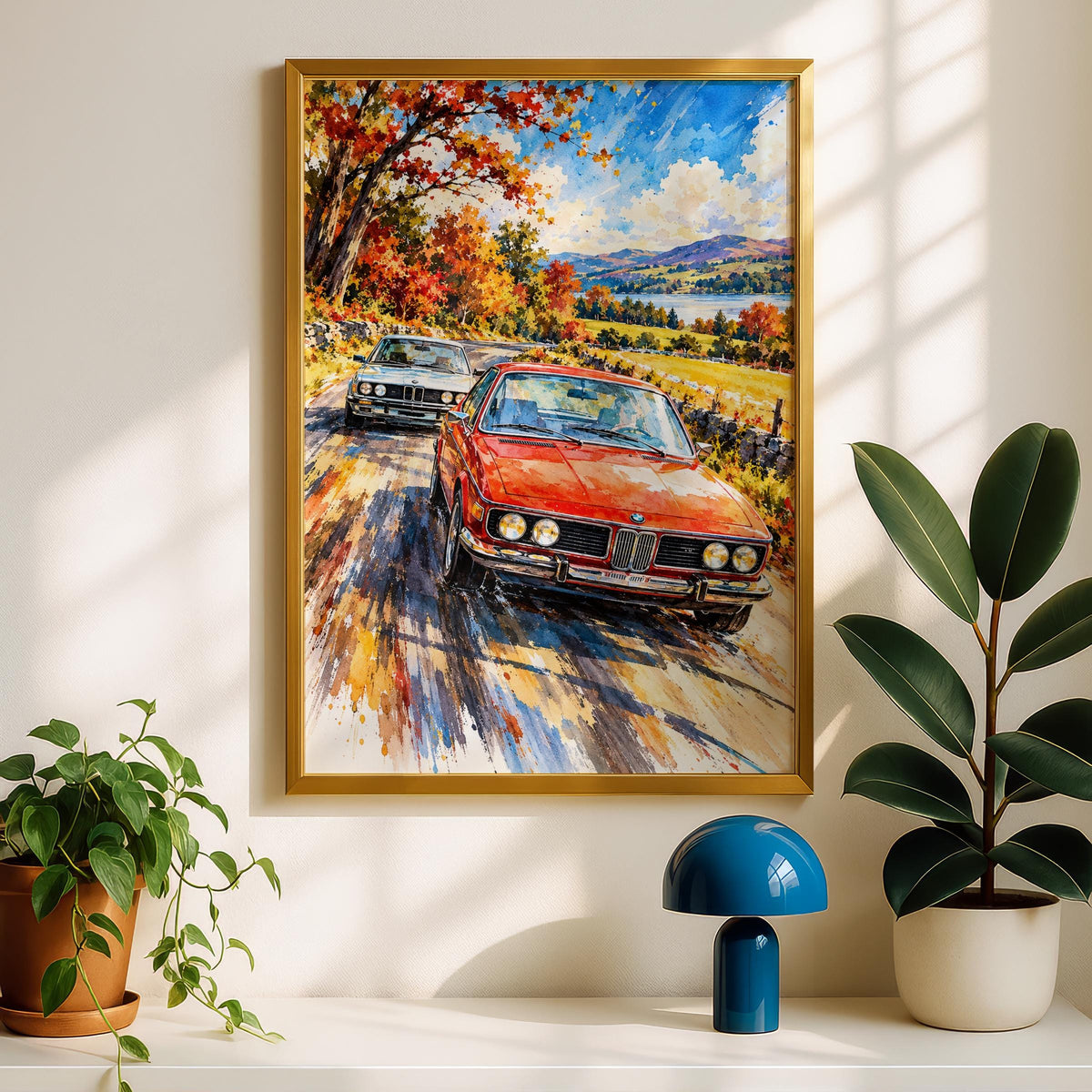 Classic BMW Watercolour Poster, Autumn Drive, Retro Car Art Print