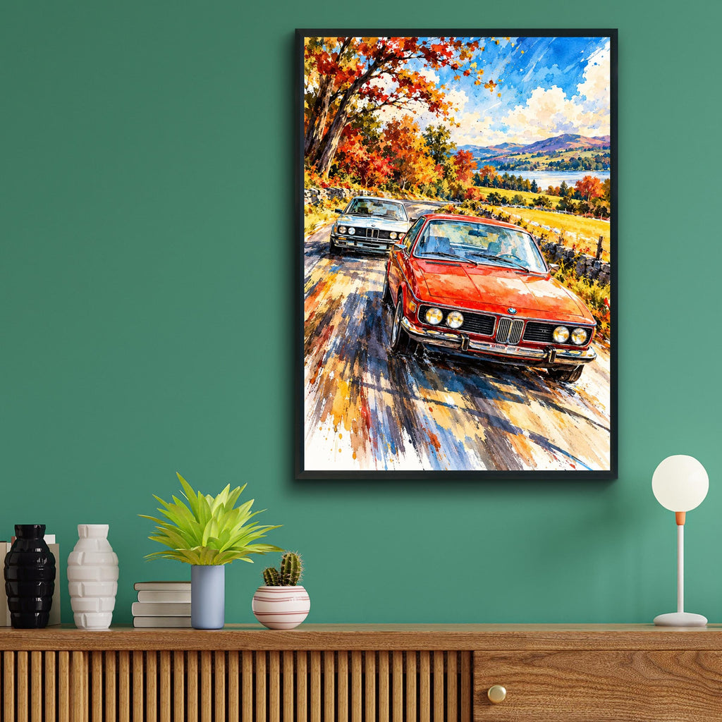 Classic BMW Watercolour Poster, Autumn Drive, Retro Car Art Print