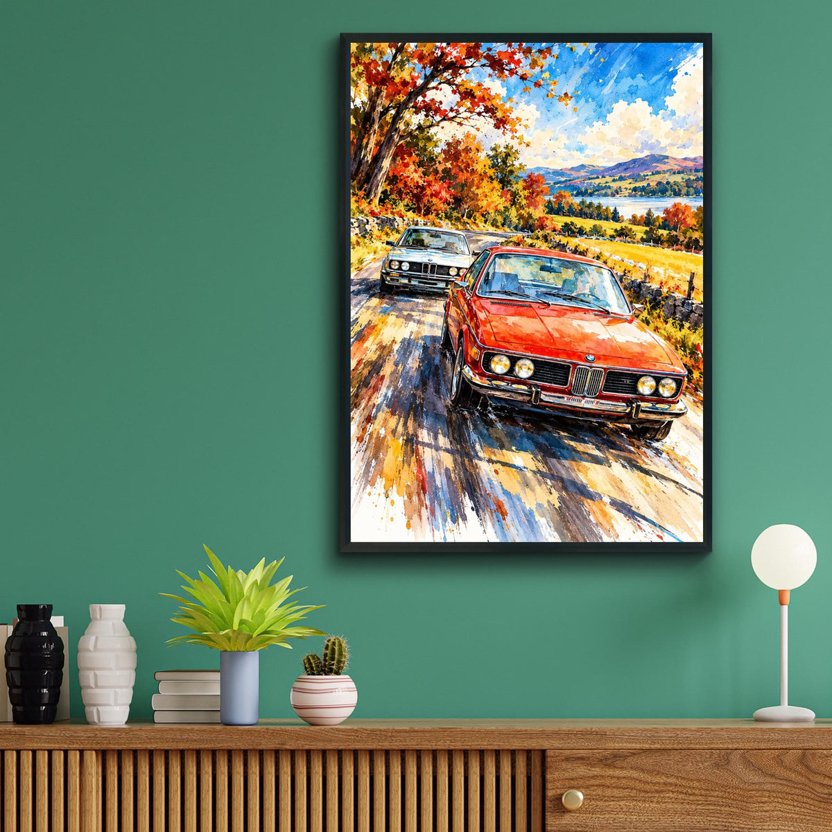 Classic BMW Watercolour Poster, Autumn Drive, Retro Car Art Print