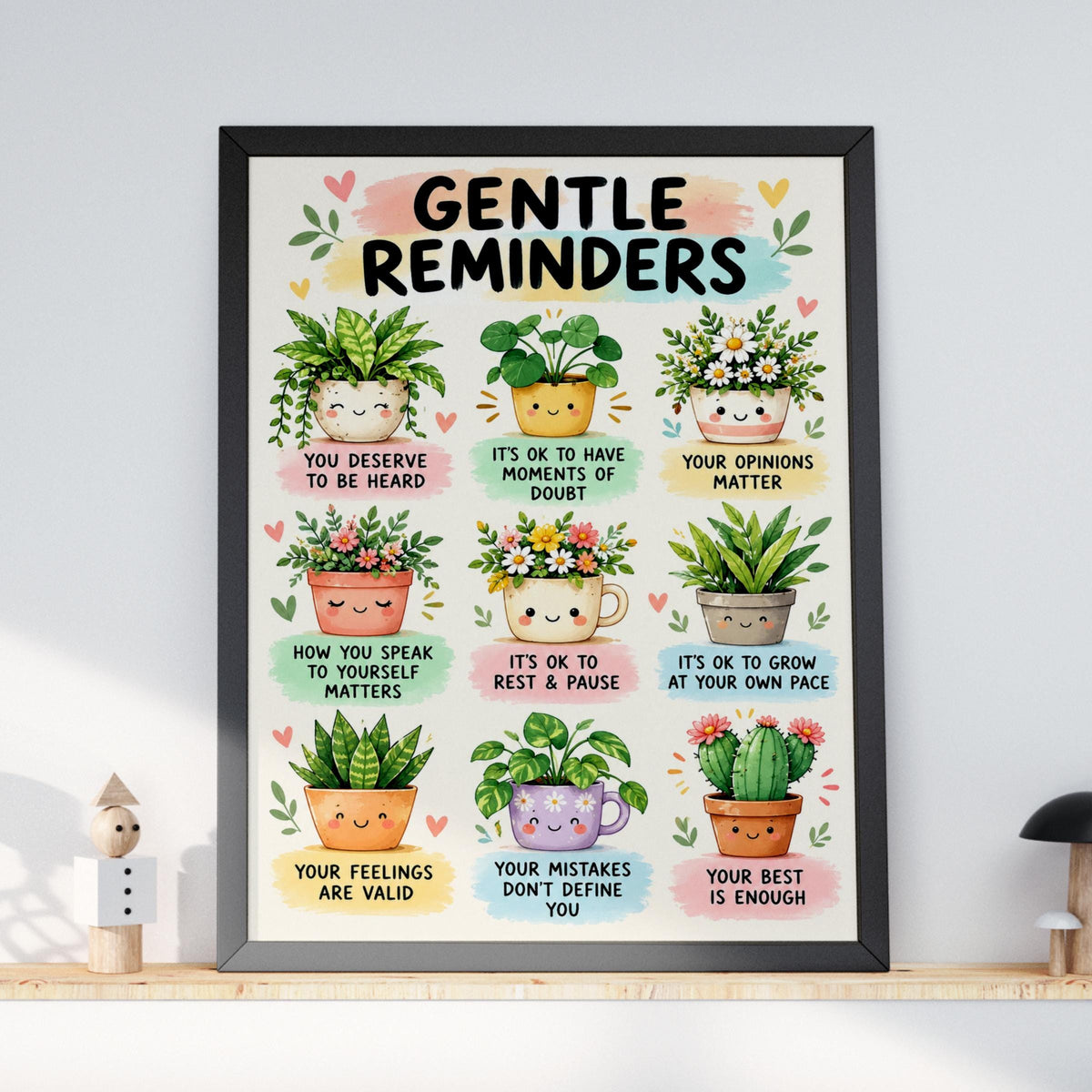 Gentle Reminders Mental Health Poster, Kawaii Plants, Positive Affirmations (A4)