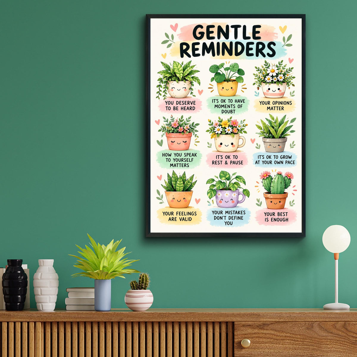 Gentle Reminders Mental Health Poster, Kawaii Plants, Positive Affirmations (A4)