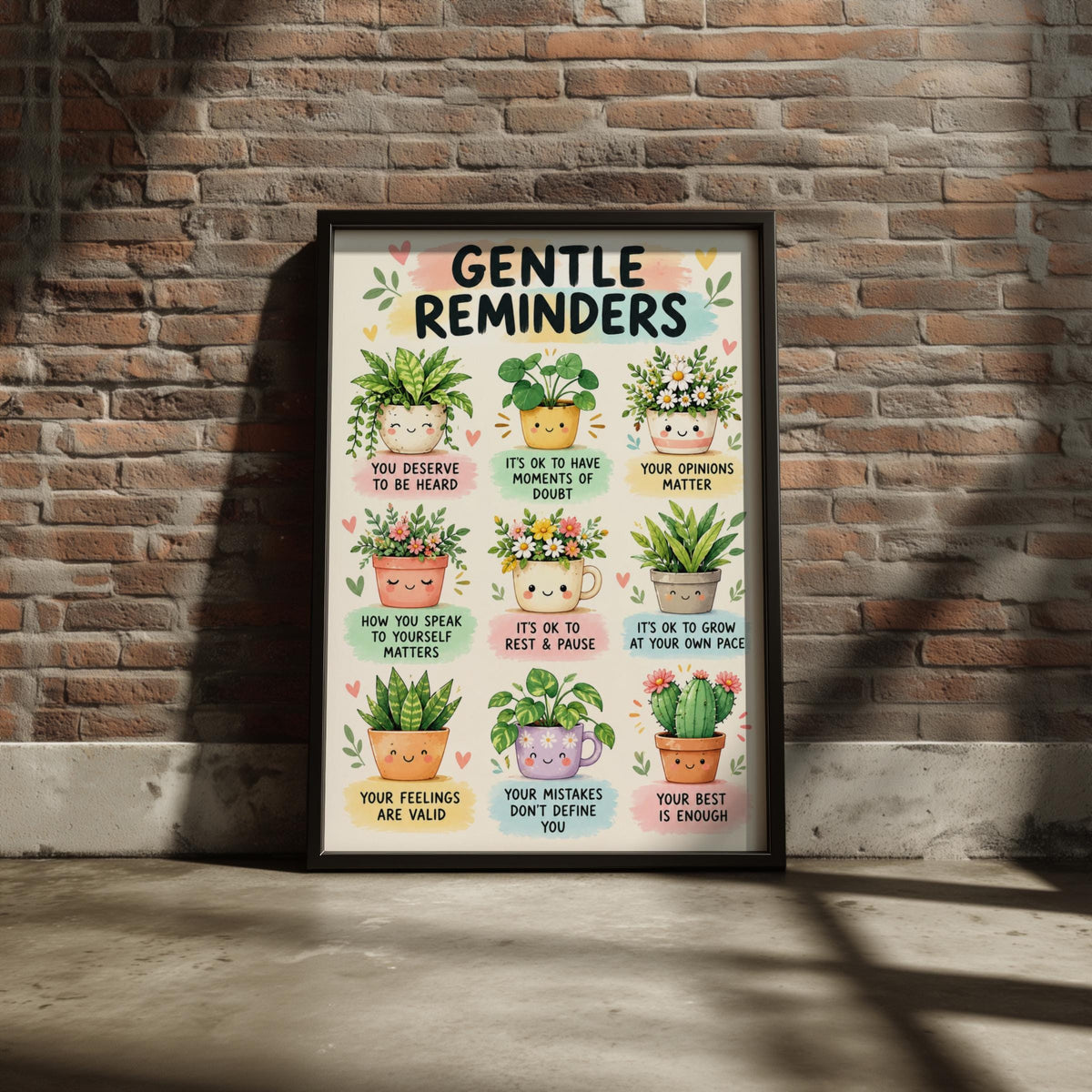 Gentle Reminders Mental Health Poster, Kawaii Plants, Positive Affirmations (A4)