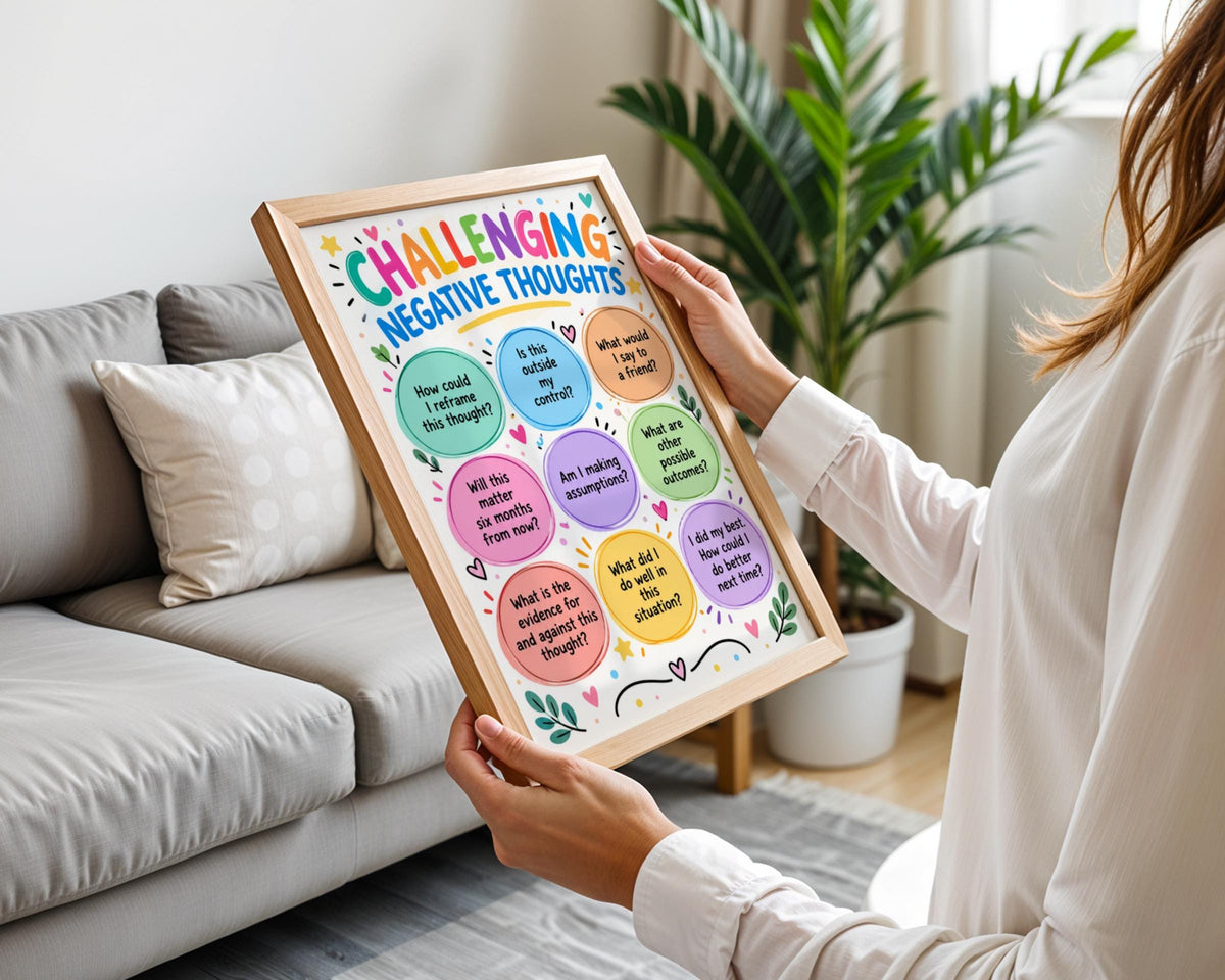 Challenging Negative Thoughts Poster, Mental Health Wall Art, CBT Therapy Print, Classroom Decor