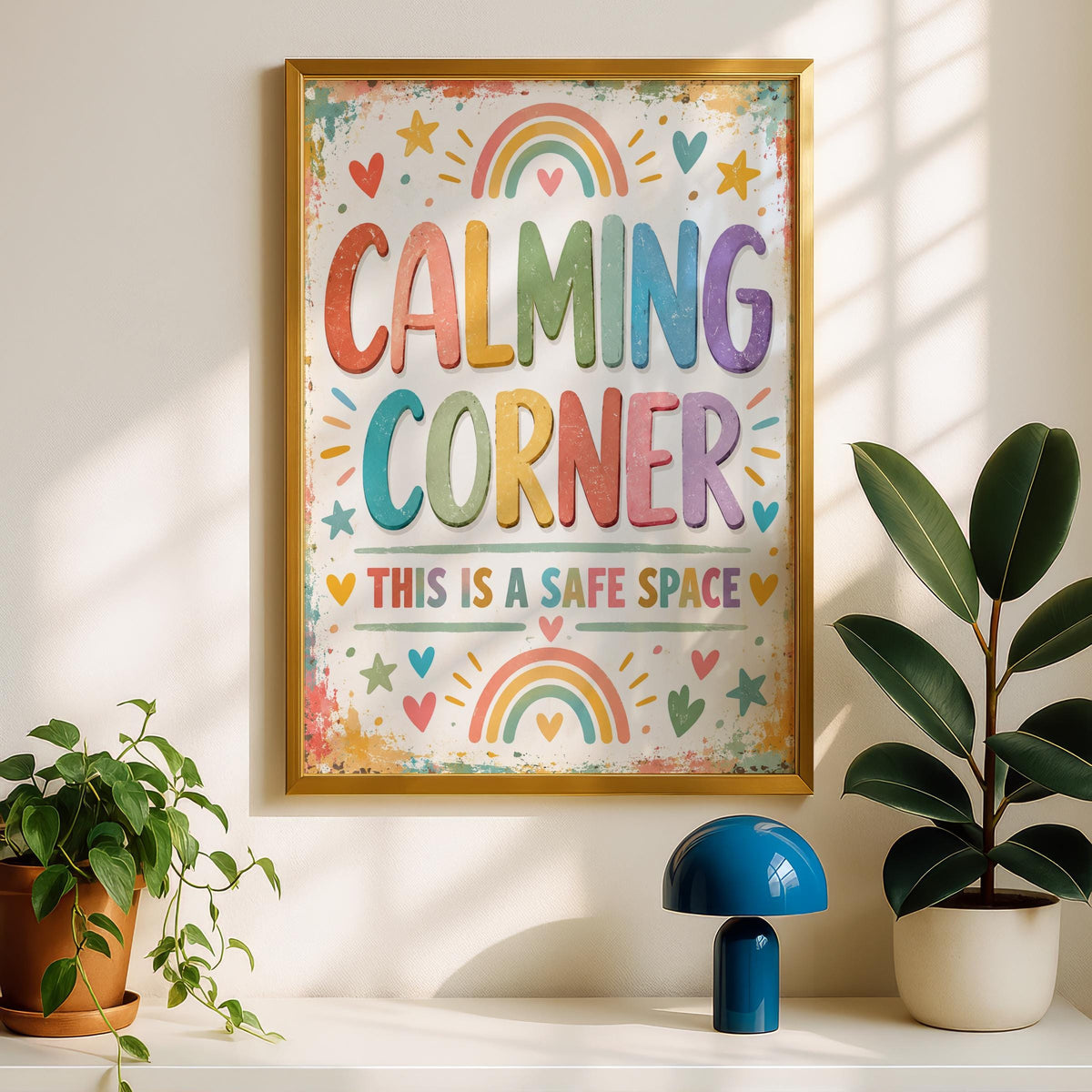 Calming Corner Safe Space Poster, Rainbow Classroom Print, Kids Wall Art, Teacher Gift