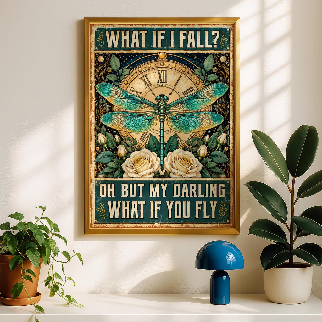 Vintage Dragonfly Clock Poster, Inspirational Quote Wall Art Print