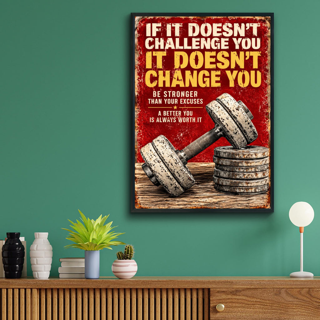 Gym Motivational Quote Poster, Challenge Change Stronger, Vintage Dumbbell Wall Art Print
