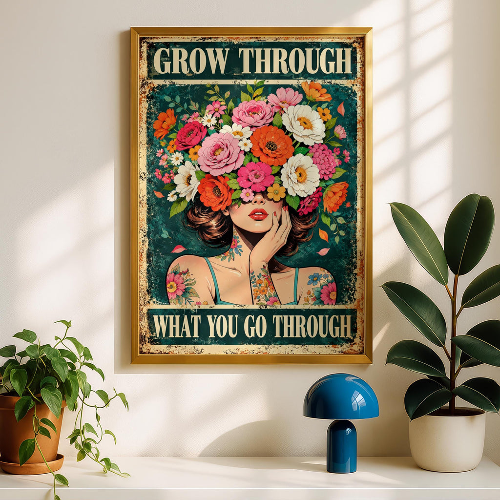 Grow Through What You Go Through Poster, Floral Woman Motivational Wall Art Print