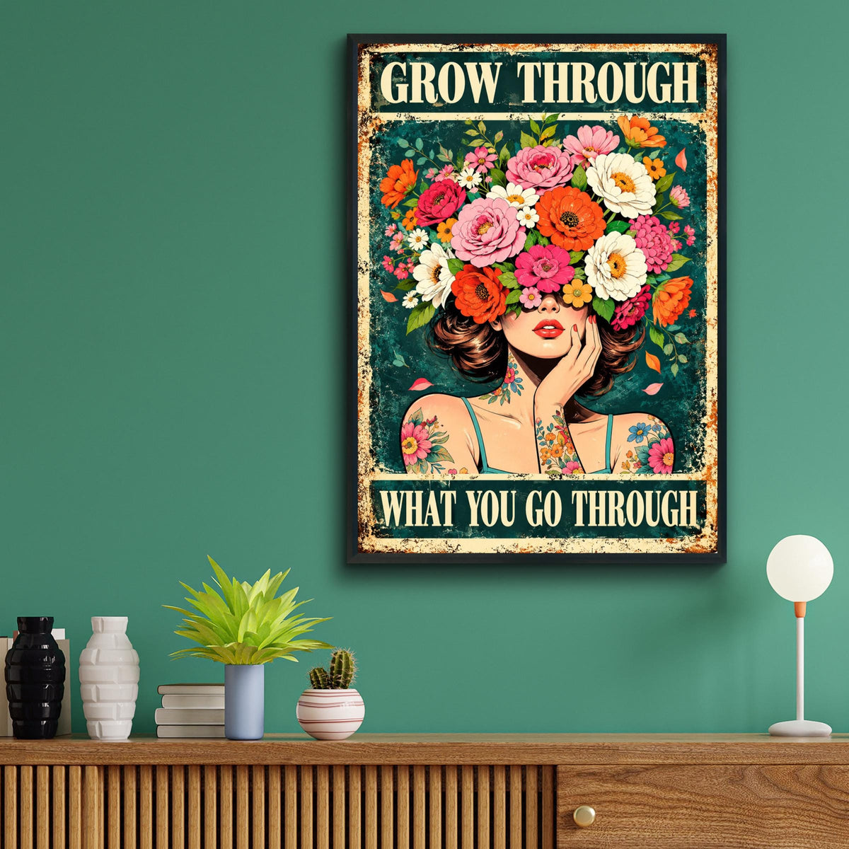 Grow Through What You Go Through Poster, Floral Woman Motivational Wall Art Print