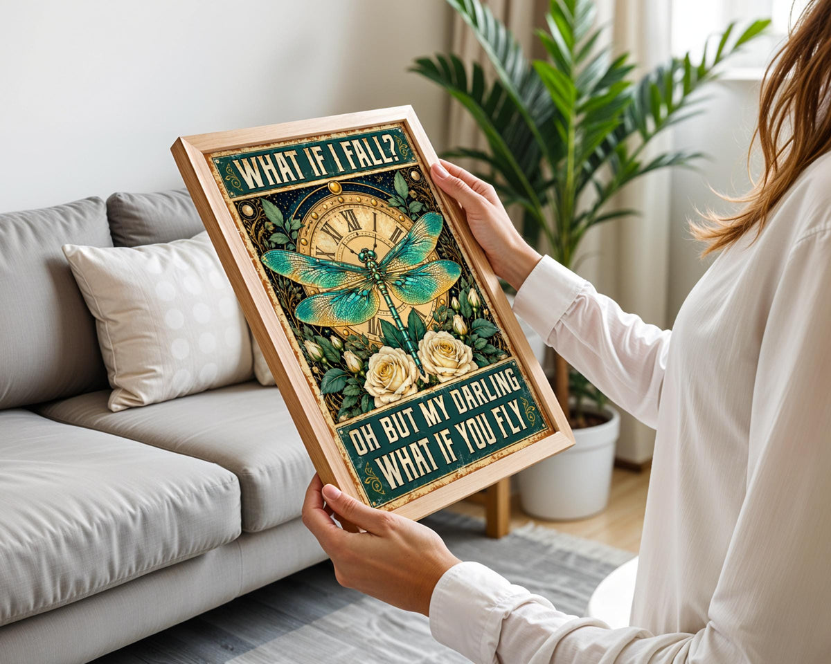 Vintage Dragonfly Clock Poster, Inspirational Quote Wall Art Print