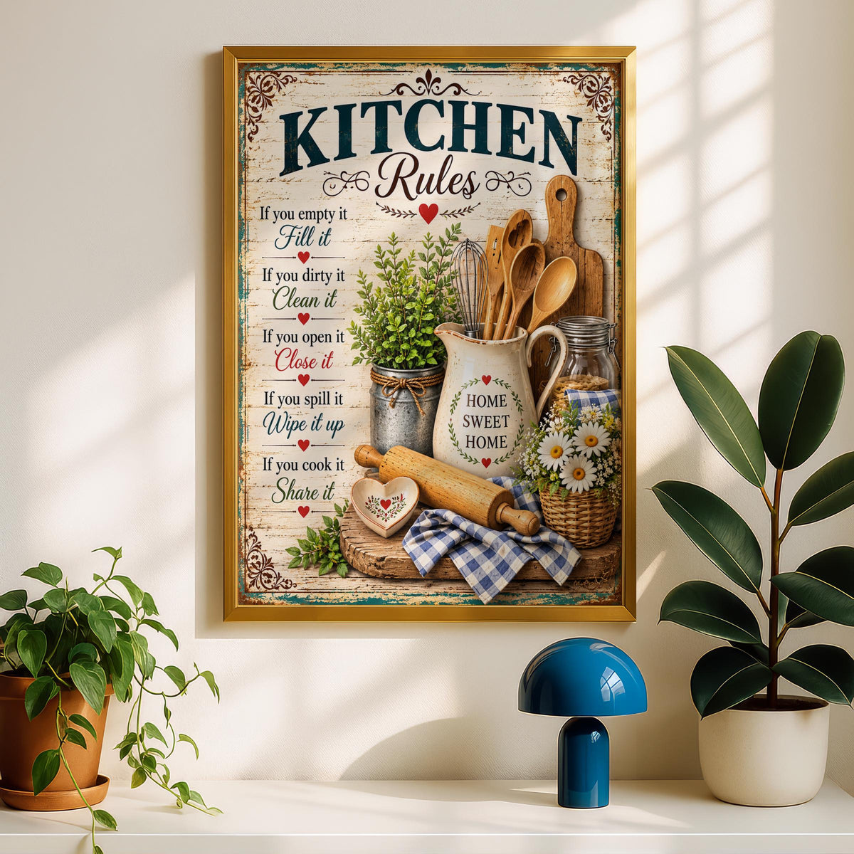 Vintage Kitchen Rules Poster, Farmhouse Home Sweet Home Wall Art Print