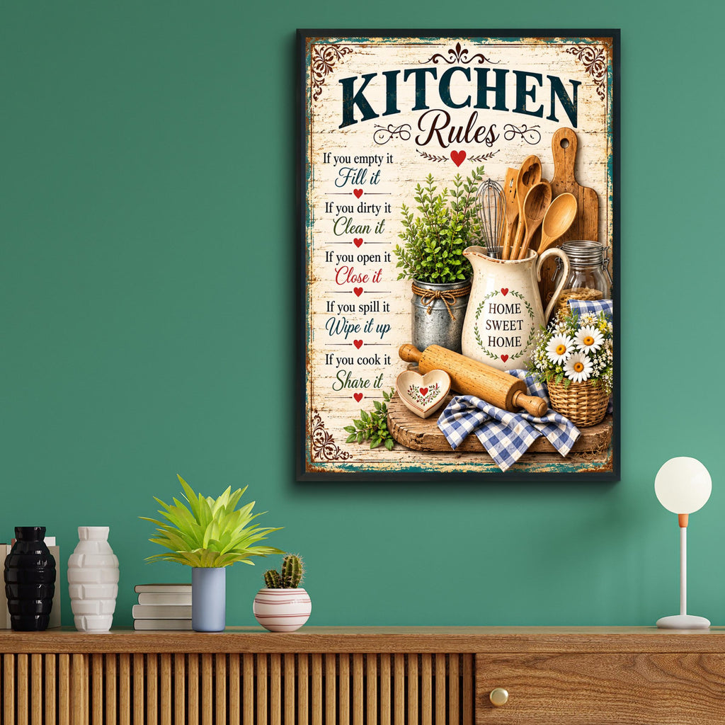 Vintage Kitchen Rules Poster, Farmhouse Home Sweet Home Wall Art Print