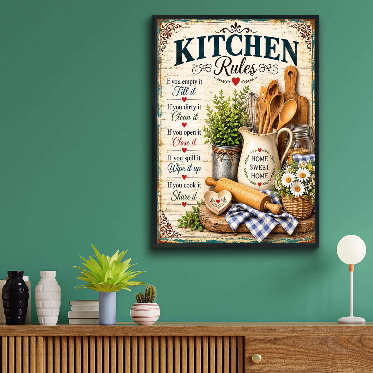 Vintage Kitchen Rules Poster, Farmhouse Home Sweet Home Wall Art Print