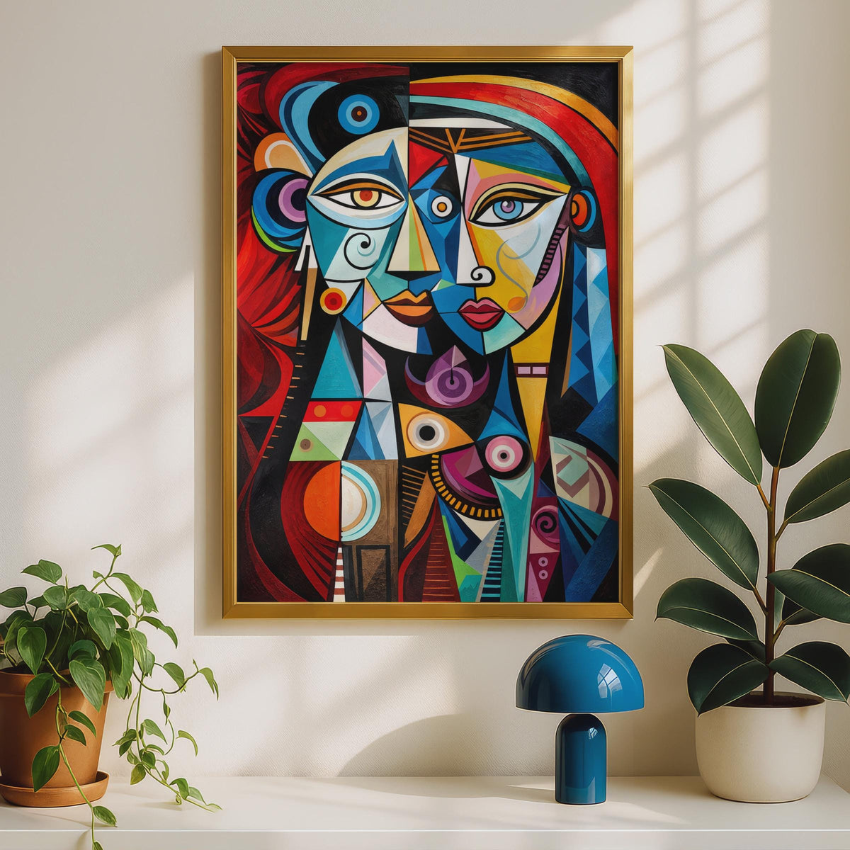 Cubist Two Faces Wall Art Print, Bold Geometric Portrait, Picasso Style (Ready to Frame)