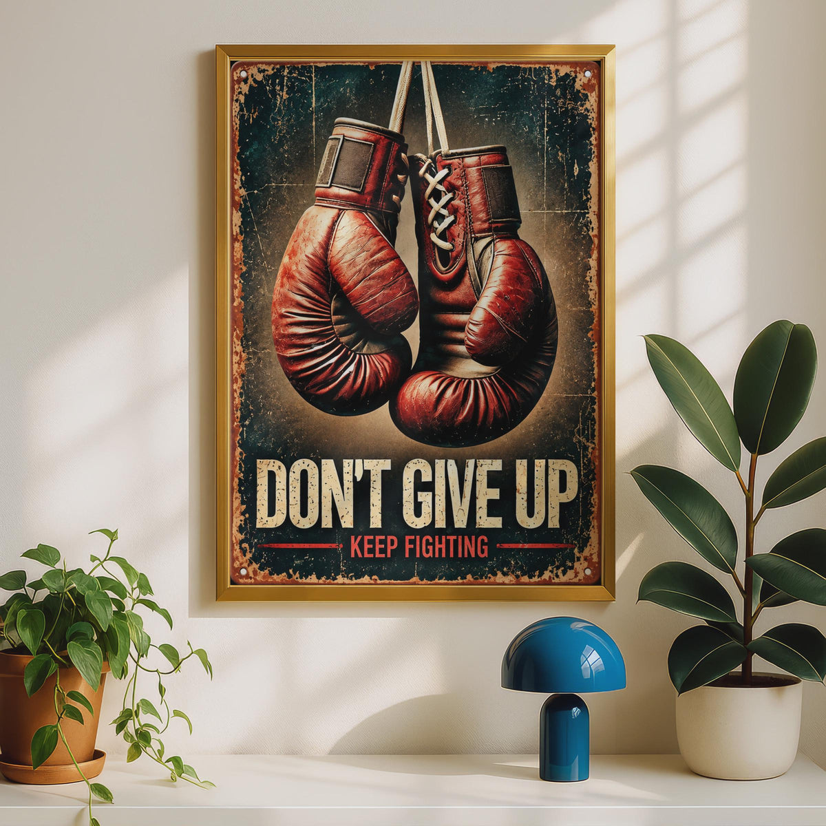 Vintage Boxing Gloves Poster, Motivational Gym Wall Art Print (Don't Give Up)